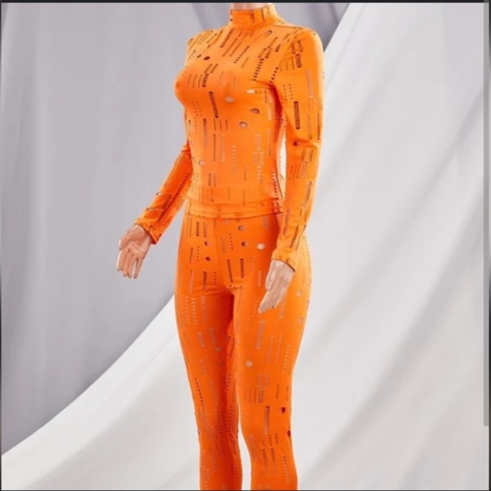 New Orange Peel Distressed Ripped Stretched Torn Mock Neck Bodycon Pant Set M - Picture 7 of 12